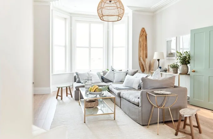 The bright and spacious living area of The Beach House, a large hen party house in Bournemouth.