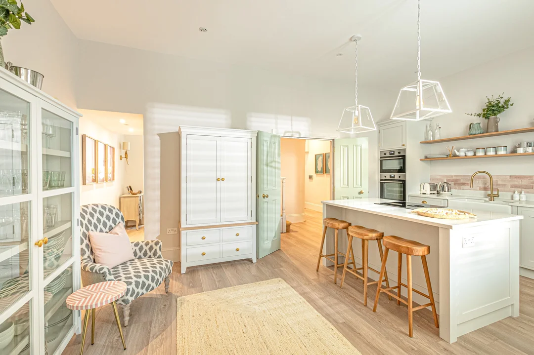 The stylish, modern living area of The Shell House, perfect for hosting hen party activities.