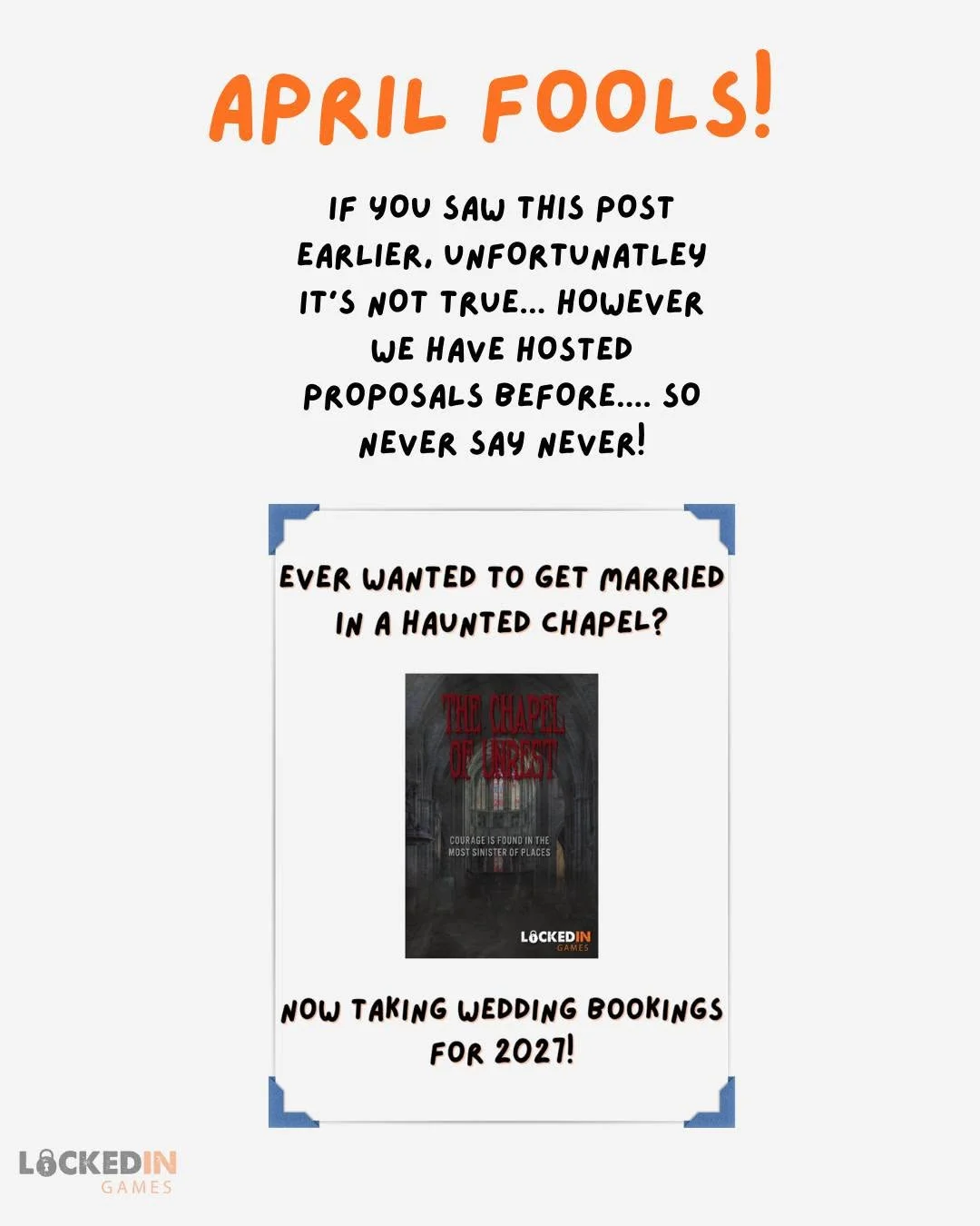 If you saw this earlier and we got you... unfortunately its not true! However, we have hosted proposals before so never say never! Happy April Fools everyone!
-----
#aprilfools #escaperoom #leeds #leedsuk