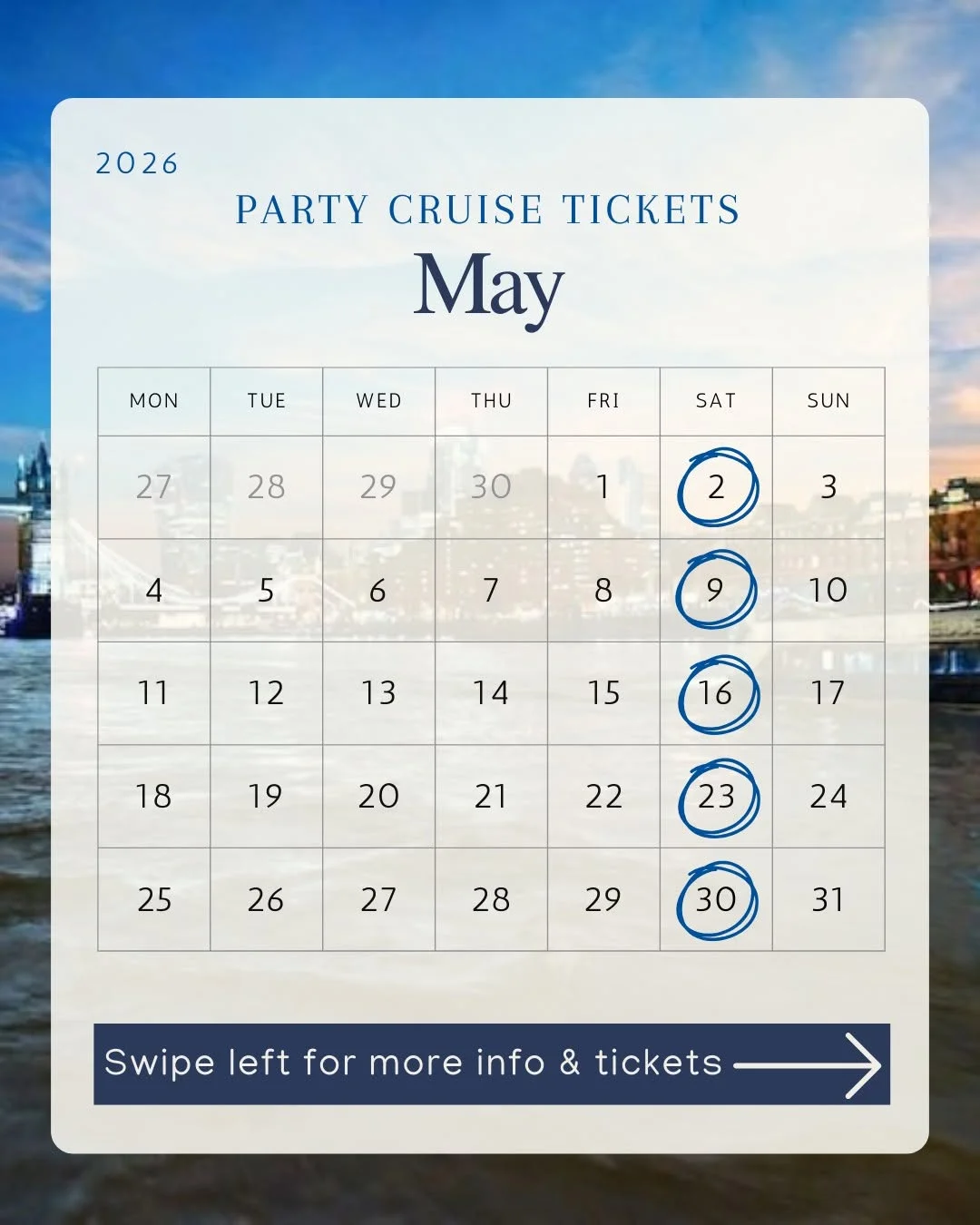 🌸 May Events on the Thames 🌸
A new month means a brand new line-up of events on the river! 🛳️
From lively brunch cruises to themed party nights and unforgettable views of London from the water, there’s plenty happening this May.
Whether you're planning a day out with friends, celebrating a special occasion, or just looking for something different to do in London — we’ve got you covered.
📅 Take a look at our May calendar and start planning your next river adventure.
#LondonEvents #ThamesCruise #ThingsToDoInLondon #MayEvents #LondonLife