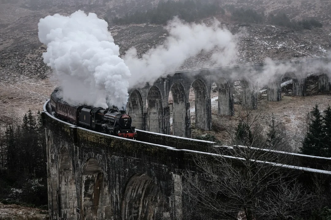 A steam train emitting white smoke crosses a curved stone viaduct in a misty, mountainous landscape