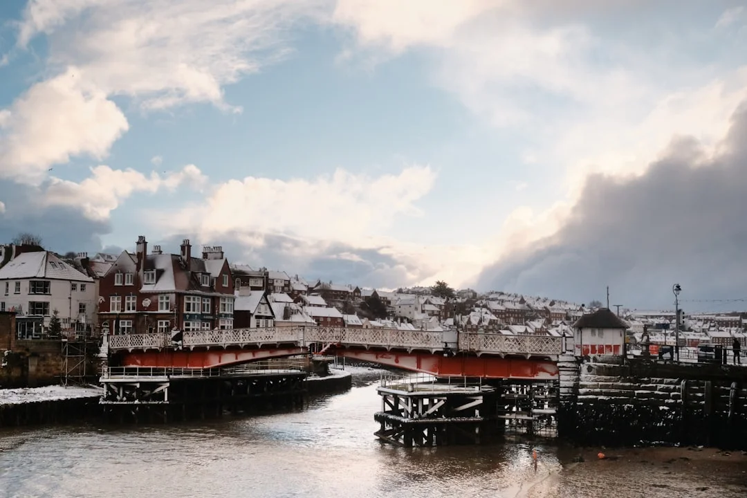 Snow-covered buildings and the Whitby Swing Bridge over the river on a cloudy winter day