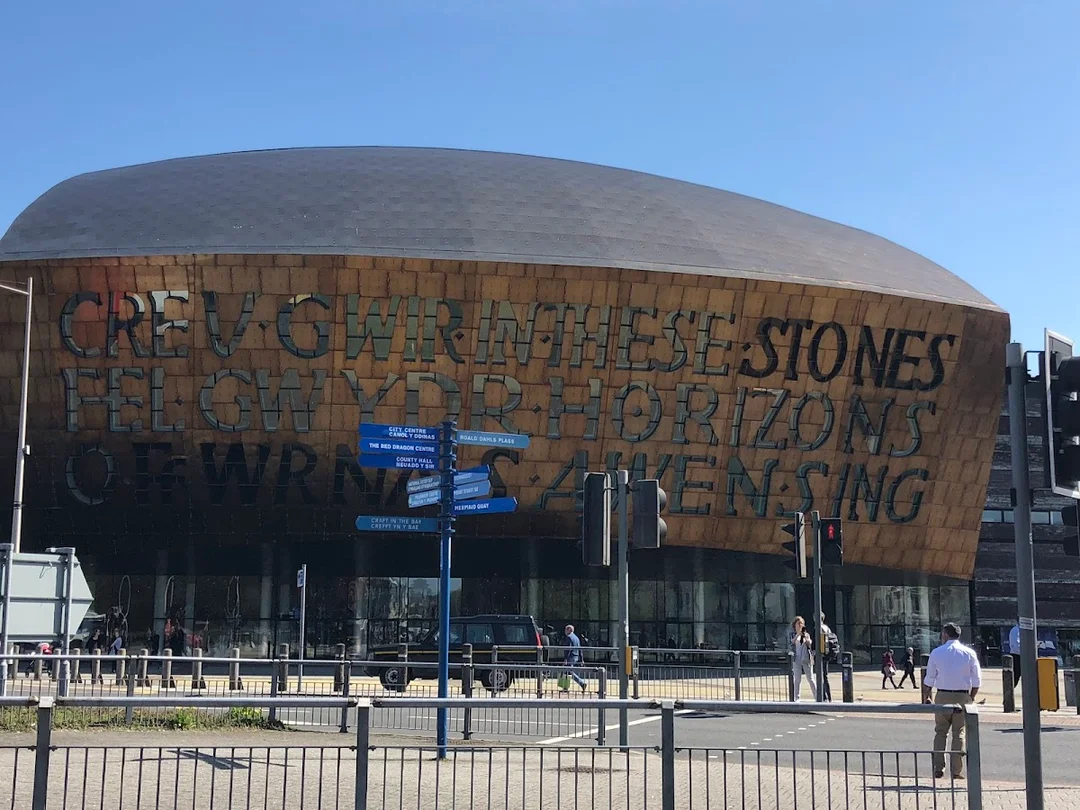 The iconic bronze-coloured facade of the Wales Millennium Centre in Cardiff Bay.