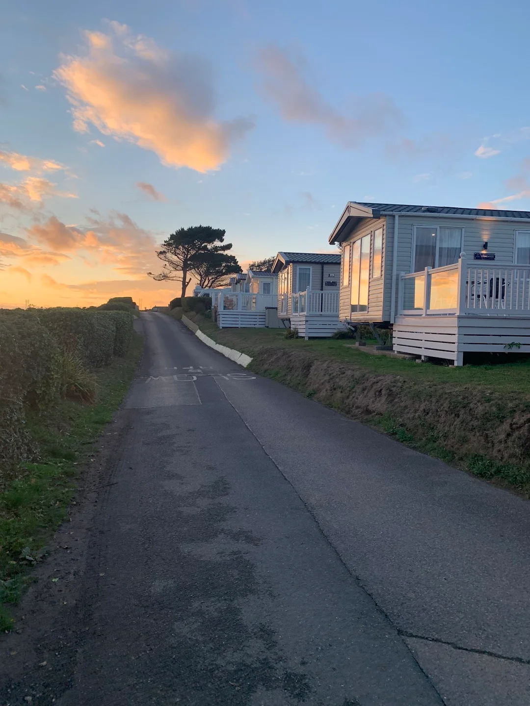 Exterior view of the holiday homes at Pebble Bank Caravan Park, a hen-friendly accommodation option.